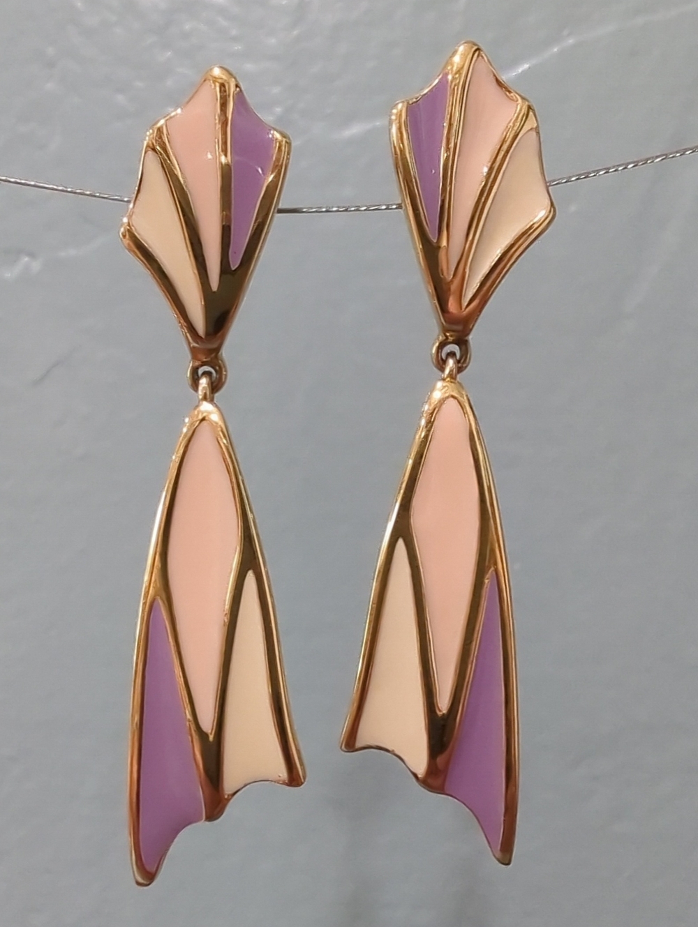 Elegant Gold-Tone Pink & Lavender Enamel Drop Earrings